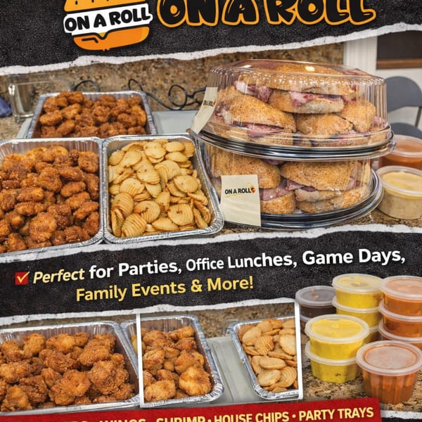 Catering spread from On A Roll with sandwich trays, chicken bites, house chips, and various sauces.