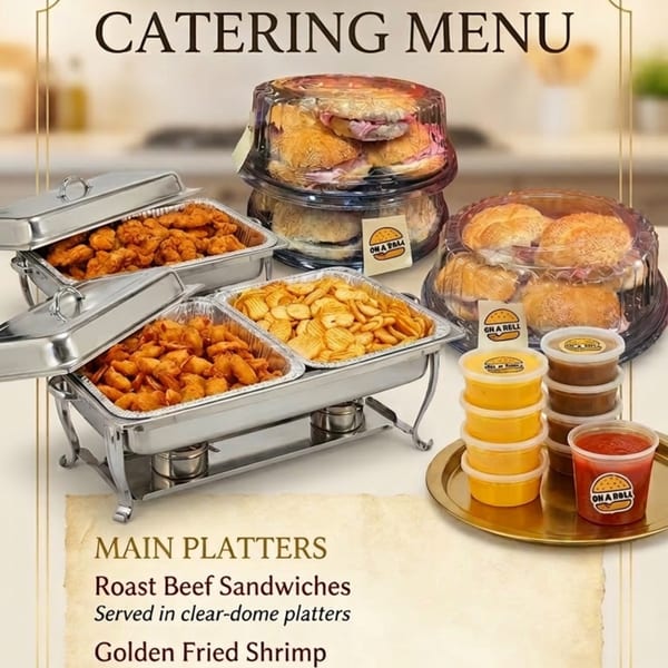 Catering menu with chafing dishes of fried shrimp and chips, plus packaged roast beef sandwiches and sauces.